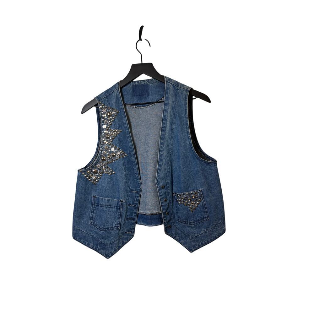 Denim Vest with Silver Embroidered Accents - VINTAGE- Size Medium